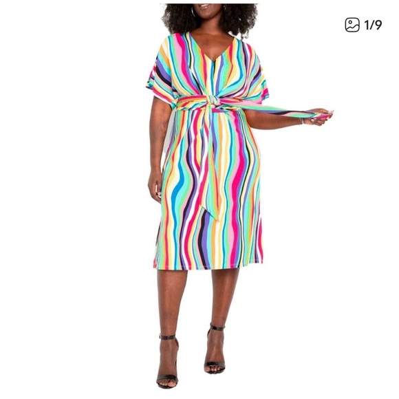 Eloquii Wrap Around MIDI dress Women's 14 Plus Liquid Rainbow Stripe V Neck - Picture 1 of 3